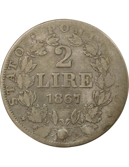 Etat Pontifical Pie IX 2 lire Argent 1867 R Rome