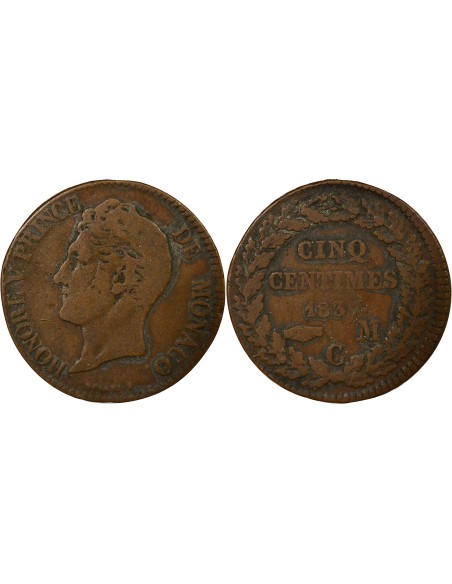Monaco Honoré V Petite Tête 5 centimes Bronze 1837 M Monaco