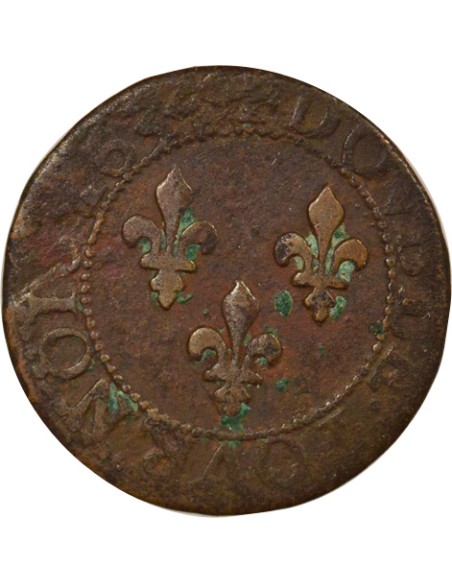 Louis XIII Type 1 1 double tournois Cuivre 1634 E Tours