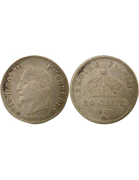 Napoléon III Tête Laurée 20 centimes Argent 1867 BB Strasbourg