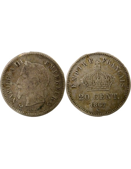 Napoléon III Tête Laurée 20 centimes Argent 1867 K Bordeaux