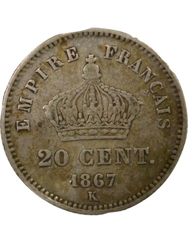 Napoléon III Tête Laurée 20 centimes Argent 1867 K Bordeaux