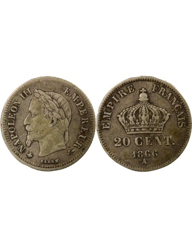 Napoléon III Tête Laurée 20 centimes Argent 1866 A - Paris