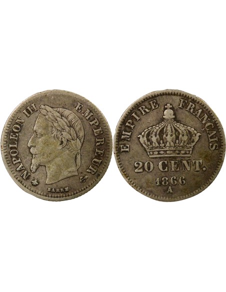 Napoléon III Tête Laurée 20 centimes Argent 1866 A - Paris