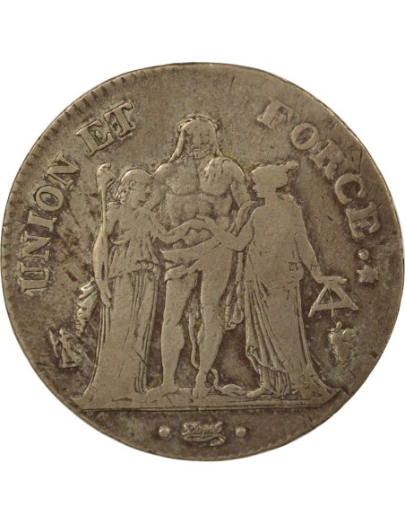 Union & Force 5 francs Argent An 5 Q Perpignan