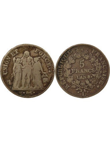 Union & Force 5 francs Argent An 8 L Bayonne