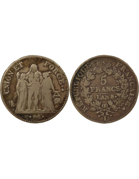 Union & Force 5 francs Argent An 8 L Bayonne