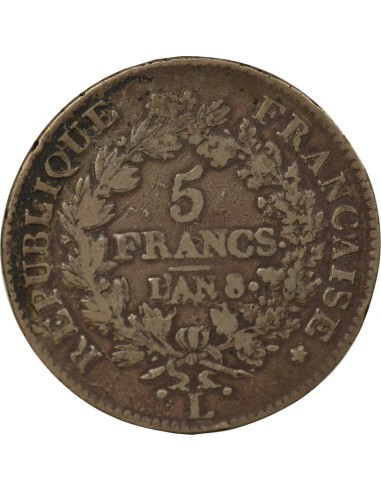 Union & Force 5 francs Argent An 8 L Bayonne