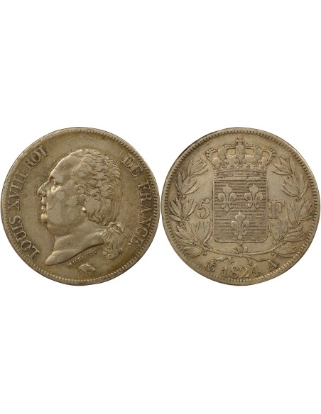 Louis XVIII Au Buste Habillé 5 francs Argent 1824 A - Paris