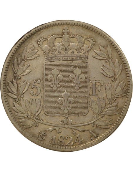 Louis XVIII Au Buste Habillé 5 francs Argent 1824 A - Paris