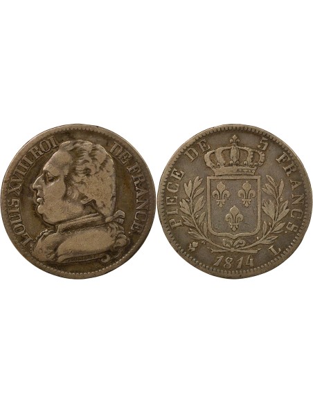 Louis XVIII Au Buste Habillé 5 francs Argent 1814 L Bayonne