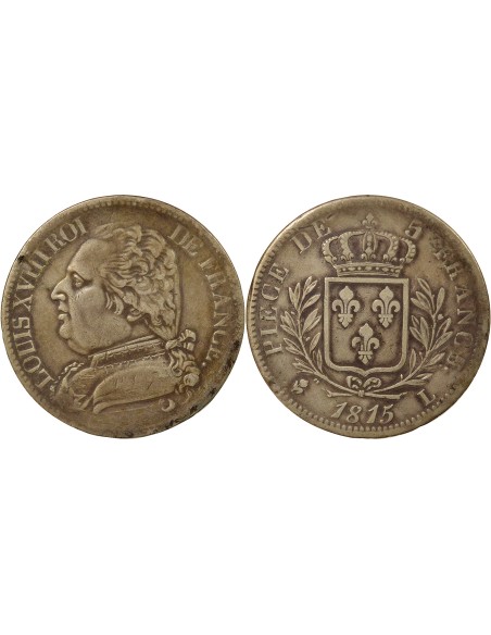 Louis XVIII Au Buste Habillé 5 francs Argent 1815 L Bayonne