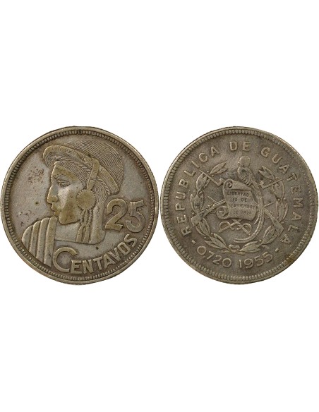 Guatemala 25 centavos Argent 1955 Guatemala