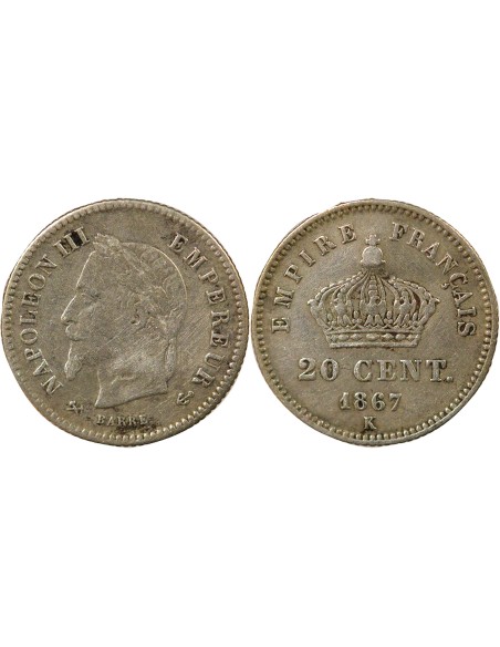 Napoléon III Grand Module 20 centimes Argent 1867 K Bordeaux