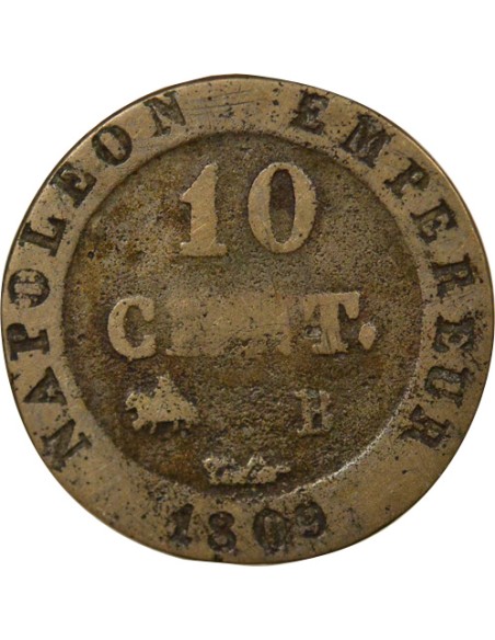 Roi d'Italie au N Couronné 10 centimes Billon 1809 B Rouen