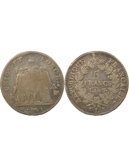 Union & Force 5 francs Argent An 7 L Bayonne