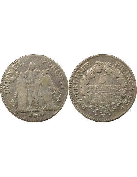 Union & Force 5 francs Argent An 7 K Bordeaux