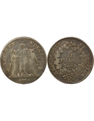 Union & Force 5 francs Argent An 8 L Bayonne