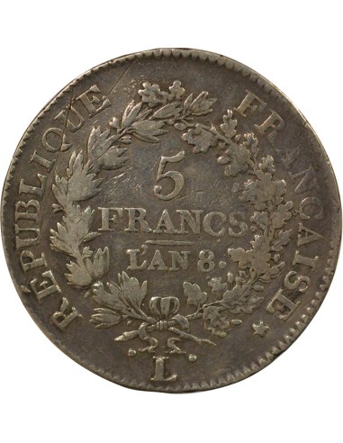 Union & Force 5 francs Argent An 8 L Bayonne