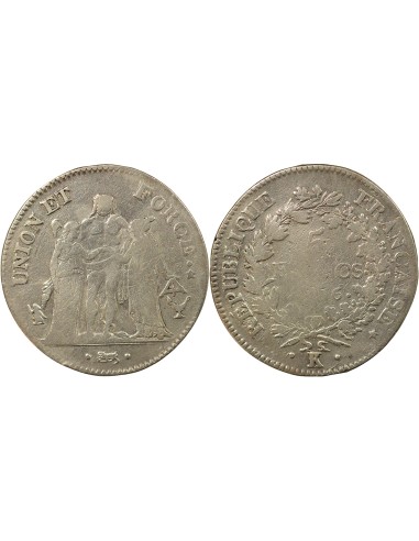 Union & Force 5 francs Argent An 6 K Bordeaux