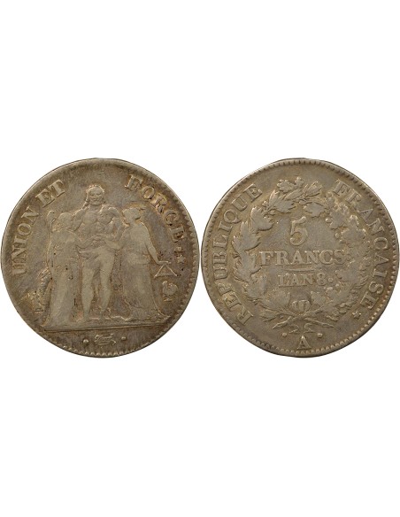 Union & Force 5 francs Argent An 8 A - Paris