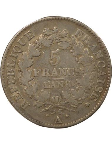 Union & Force 5 francs Argent An 8 A - Paris