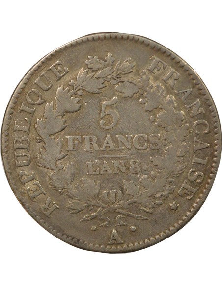 Union & Force 5 francs Argent An 8 A - Paris