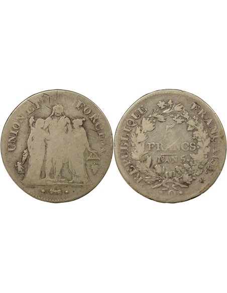 Union & Force 5 francs Argent An 5 Q Perpignan