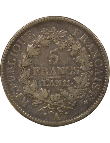 Union & Force 5 francs Argent An 11 A - Paris