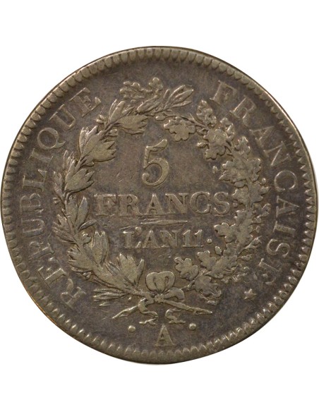 Union & Force 5 francs Argent An 11 A - Paris