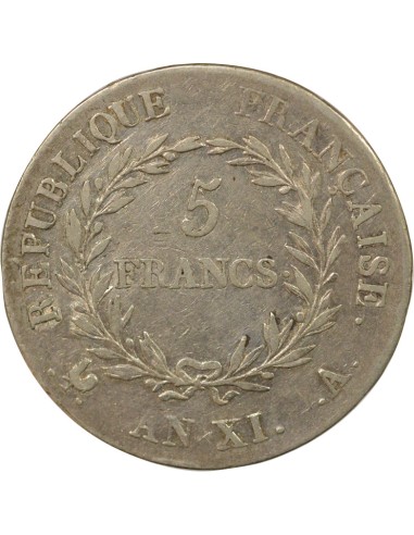 Roi d'Italie Consulat 5 francs Argent AN XI A - Paris