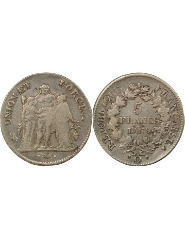 Union & Force 5 francs Argent An 9 Q Perpignan