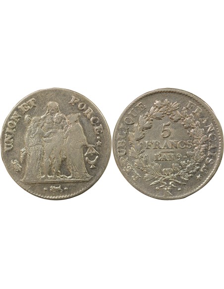 Union & Force 5 francs Argent An 9 K Bordeaux