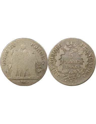 Union & Force 5 francs Argent An 5 L Bayonne