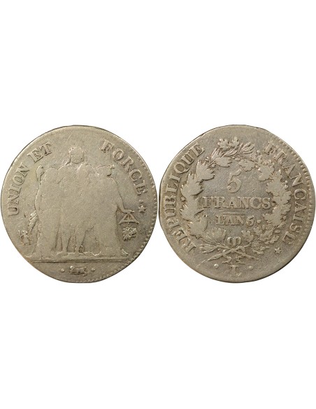 Union & Force 5 francs Argent An 5 L Bayonne