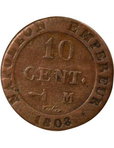 Roi d'Italie au N Couronné 10 centimes Cuivre 1808 M Toulouse