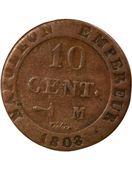 Roi d'Italie au N Couronné 10 centimes Cuivre 1808 M Toulouse