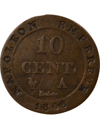 Roi d'Italie au N Couronné 10 centimes Cuivre 1808 A - Paris