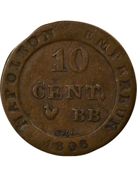 Roi d'Italie Au N Couronné 10 centimes Cuivre 1808 BB Strasbourg
