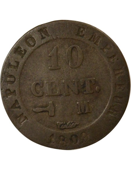 Roi d'Italie au N Couronné 10 centimes Billon 1809 M Toulouse