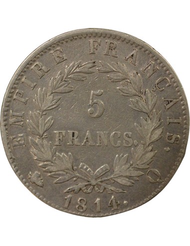 Roi d'Italie Empire 5 francs Argent 1814 Q Perpignan