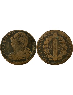 Louis XVI Au Faisceau 2 sols Cuivre 1792 AA Metz