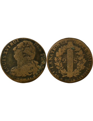 Louis XVI Au Faisceau 2 sols Cuivre 1792 AA Metz