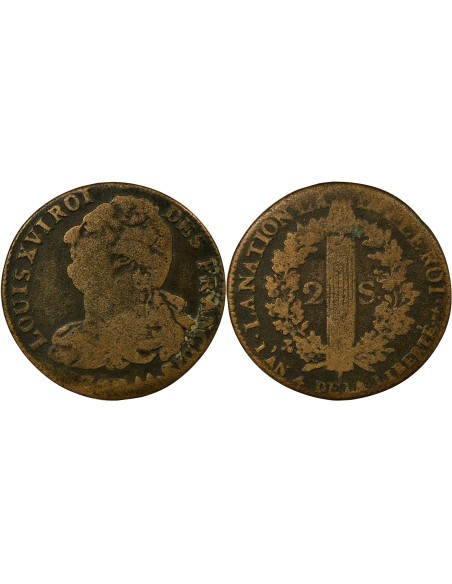 Louis XVI Au Faisceau 2 sols Cuivre 1792 AA Metz