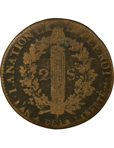 Louis XVI Au Faisceau 2 sols Cuivre 1792 AA Metz
