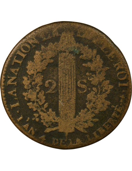 Louis XVI Au Faisceau 2 sols Cuivre 1792 AA Metz