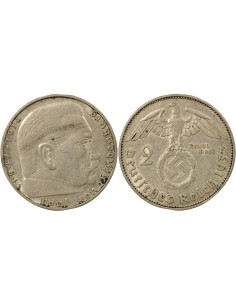 Allemagne Paul von Hindenburg 2 reichsmark Argent 1937 J Hambourg