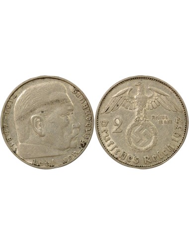 Allemagne Paul von Hindenburg 2 reichsmark Argent 1937 J Hambourg