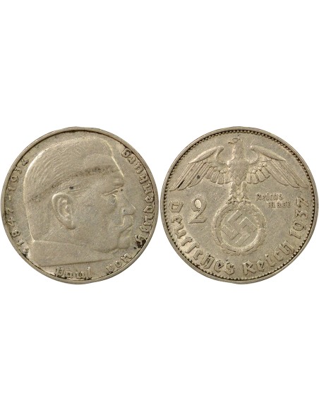 Allemagne Paul von Hindenburg 2 reichsmark Argent 1937 J Hambourg