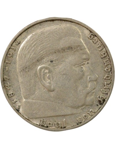 Allemagne Paul von Hindenburg 2 reichsmark Argent 1937 J Hambourg